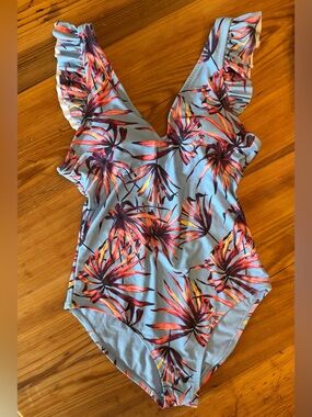 Jessica Simpson Light Blue One-Piece Swimsuit with Pink-Red Floral Print
